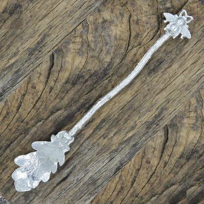 Handcrafted Solid Pewter Jam Spoon with Oak Leaf Bowl and Bee, 15cm