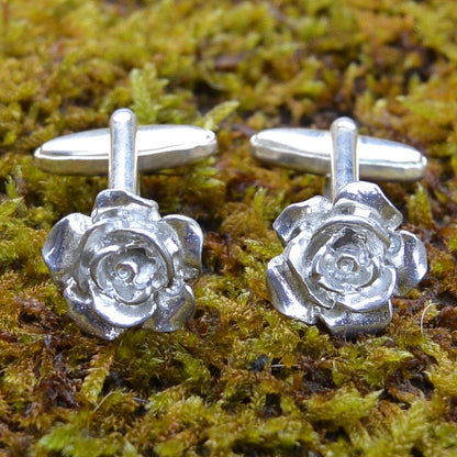 Rose Cufflinks, Handcast Pewter Cufflinks, Polished Finish