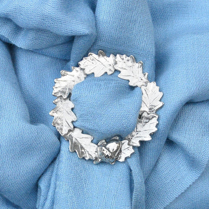 Oak Leaf & Acorn Scarf Ring (Wide), Handcast Pewter Circle, Polished Finish