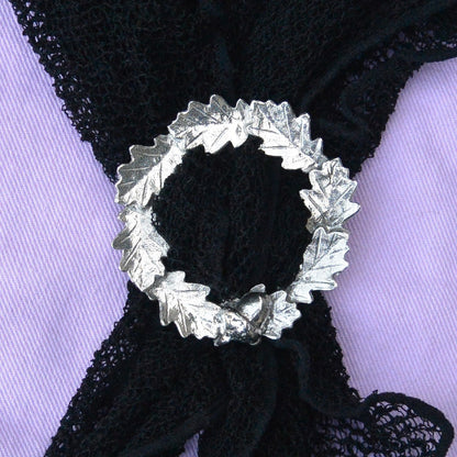 Oak Leaf & Acorn Scarf Ring (Wide), Handcast Pewter Circle, Polished Finish