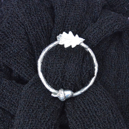 Oak Leaf and Acorn Scarf Ring (Top & Bottom), Oak Twig Circle, Handcast Pewter, Polished Finish
