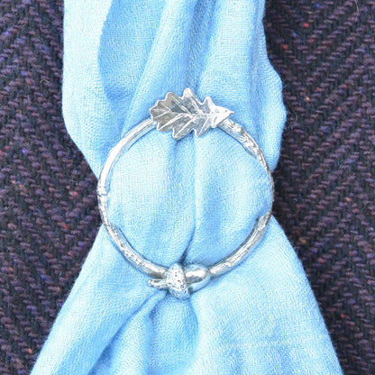 Oak Leaf and Acorn Scarf Ring (Top & Bottom), Oak Twig Circle, Handcast Pewter, Polished Finish