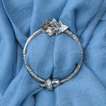 Oak Leaf and Acorn Scarf Ring (Top & Bottom), Oak Twig Circle, Handcast Pewter, Polished Finish