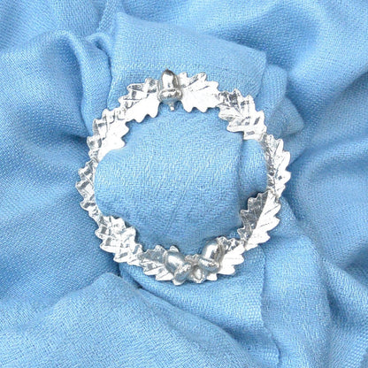 Oak Leaf & Acorn Scarf Ring, Handcast Pewter Circle, Polished Finish