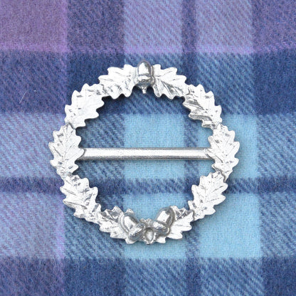 Oak Leaf & Acorn Scarf Ring, Handcast Pewter Circle, Polished Finish