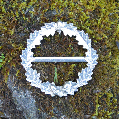 Oak Leaf & Acorn Scarf Ring, Handcast Pewter Circle, Polished Finish
