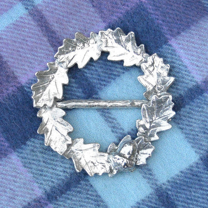 Oak Leaf & Acorn Scarf Ring (Wide), Handcast Pewter Circle, Polished Finish