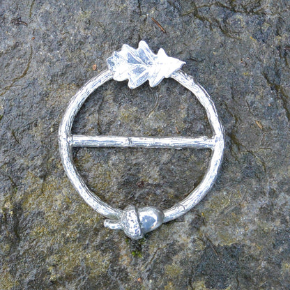Oak Leaf and Acorn Scarf Ring (Top & Bottom), Oak Twig Circle, Handcast Pewter, Polished Finish