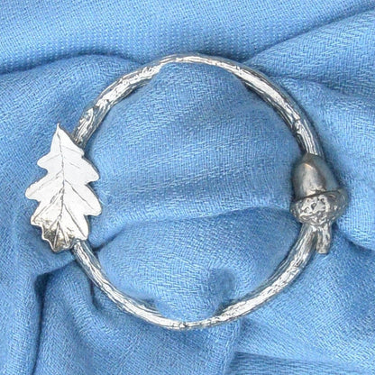 Oak Leaf and Acorn Scarf Ring (Side by Side), Oak Twig Circle, Handcast Pewter, Polished Finish