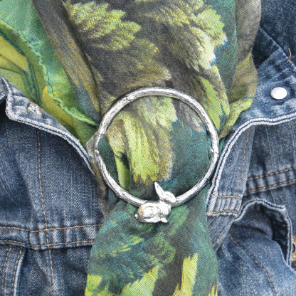 Rabbit Scarf Ring, Oak Twig Circle, Handcast Pewter, Polished Finish