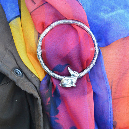 Rabbit Scarf Ring, Oak Twig Circle, Handcast Pewter, Polished Finish