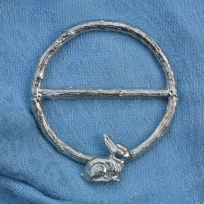 Rabbit Scarf Ring, Oak Twig Circle, Handcast Pewter, Polished Finish