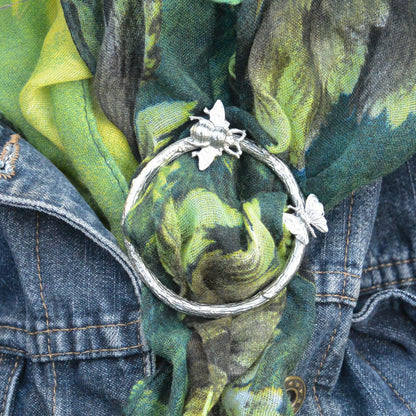 Bees and Butterfly Scarf Ring, Oak Twig Circle, Handcast Pewter, Polished Finish