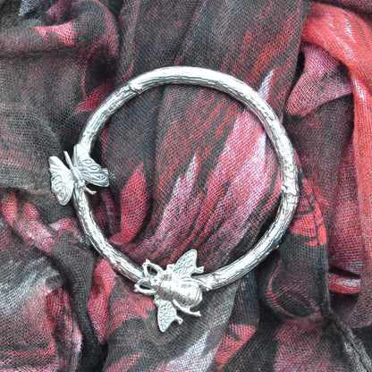 Bees and Butterfly Scarf Ring, Oak Twig Circle, Handcast Pewter, Polished Finish
