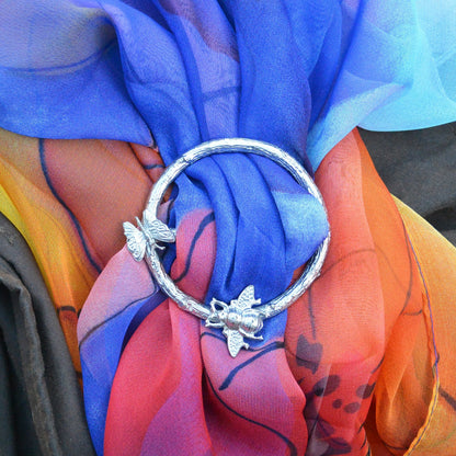 Bees and Butterfly Scarf Ring, Oak Twig Circle, Handcast Pewter, Polished Finish