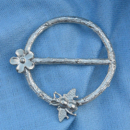 Bee and Daisy Scarf Ring, Oak Twig Circle, Handcast Pewter, Polished Finish