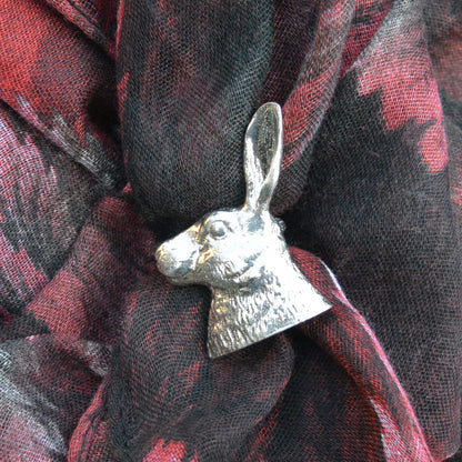 Hare Head Scarf Ring, Handcast Pewter, Polished Finish