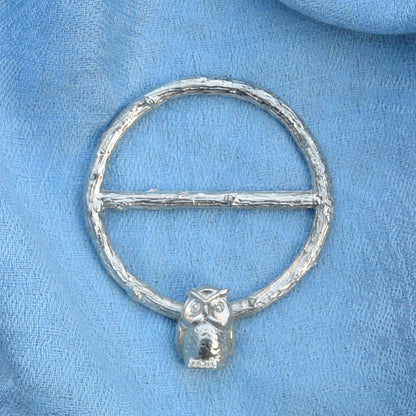Owl Scarf Ring, Oak Twig Circle, Handcast Pewter, Polished Finish
