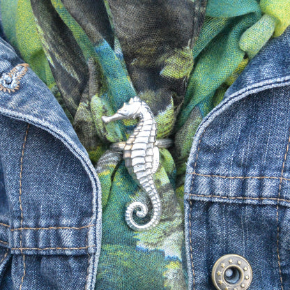 Seahorse Scarf Ring,Handcast Pewter, Polished Finish