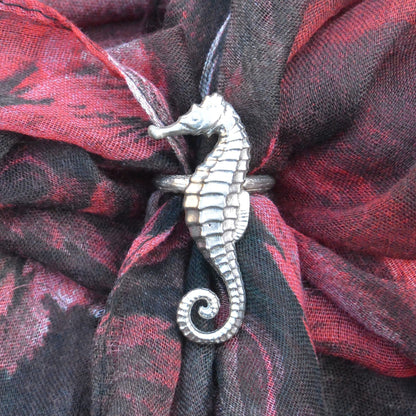 Seahorse Scarf Ring,Handcast Pewter, Polished Finish