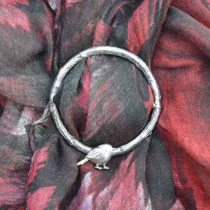 Robin Scarf Ring, Oak Twig Circle, Handcast Pewter, Polished Finish