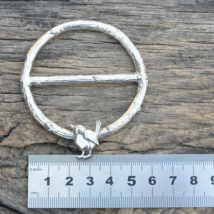 Wren Scarf Ring, Oak Twig Circle, Handcast Pewter, Polished Finish