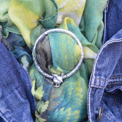 Wren Scarf Ring, Oak Twig Circle, Handcast Pewter, Polished Finish