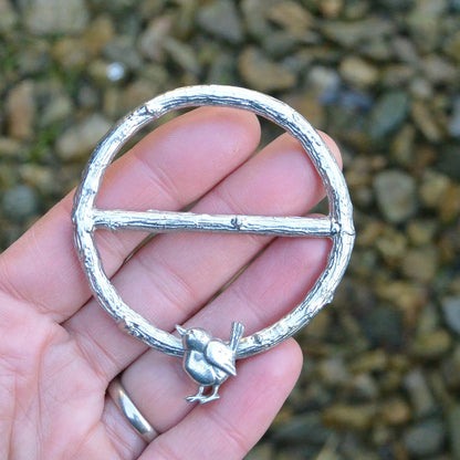 Wren Scarf Ring, Oak Twig Circle, Handcast Pewter, Polished Finish
