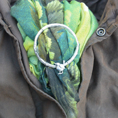 Wren Scarf Ring, Oak Twig Circle, Handcast Pewter, Polished Finish