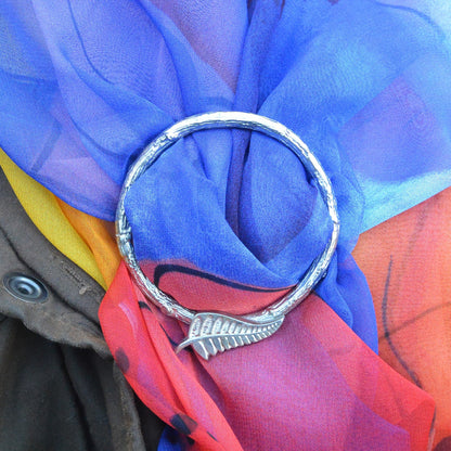 New Zealand Fern Scarf Ring, Oak Twig Circle, Handcast Pewter, Polished Finish