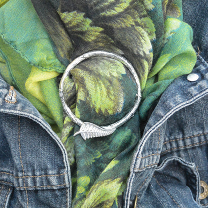 New Zealand Fern Scarf Ring, Oak Twig Circle, Handcast Pewter, Polished Finish