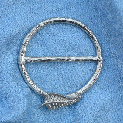 New Zealand Fern Scarf Ring, Oak Twig Circle, Handcast Pewter, Polished Finish