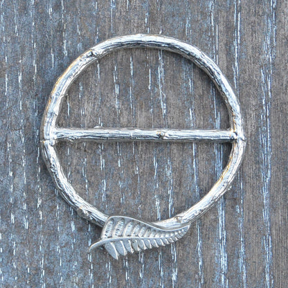 New Zealand Fern Scarf Ring, Oak Twig Circle, Handcast Pewter, Polished Finish