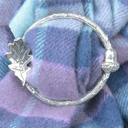 Oak Leaf and Acorn Scarf Ring (Side by Side), Oak Twig Circle, Handcast Pewter, Polished Finish