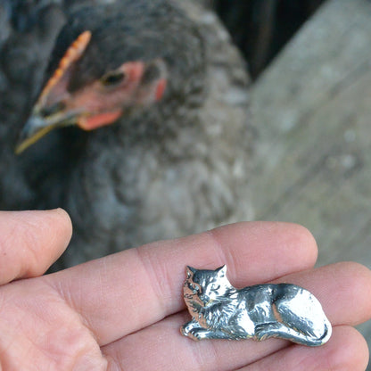 Cat Brooch (Lying Design), Handcast Pewter, Polished Finish