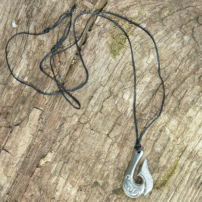 Maori Fish Hook Pendant Necklace (Koru Design), Handcast Pewter Pendant on Adjustable Waxed Cord