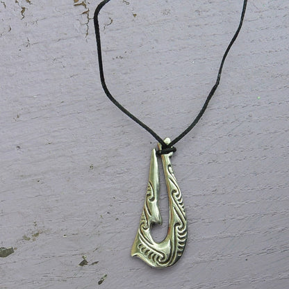 Maori Fish Hook Pendant Necklace (Kia Kaha Design), Handcast Pewter Pendant on Adjustable Waxed Cord