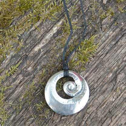 Spiral Pendant Necklace, Chunky Spiral Design, Handcast Pewter on Adjustable Waxed Cord