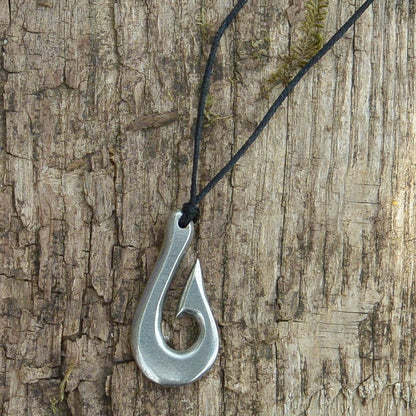 Maori Fish Hook Pendant Necklace (Minimalist Design), Handcast Pewter Pendant on Adjustable Waxed Cord