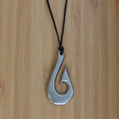 Maori Fish Hook Pendant Necklace (Minimalist Design), Handcast Pewter Pendant on Adjustable Waxed Cord