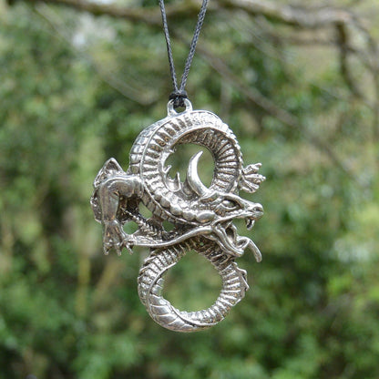 Dragon Pendant Necklace, Handcast Pewter on Adjustable Waxed Cord