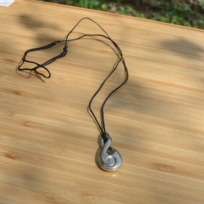Infinity Loop Pendant Necklace with Koru Spiral, Handcast Pewter Pendant on Adjustable Waxed Cord