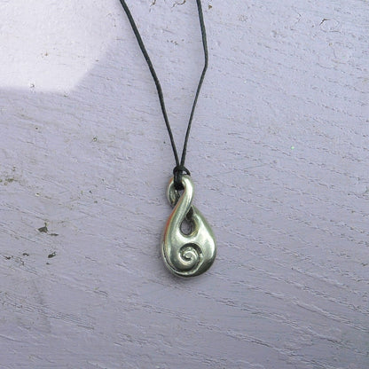 Infinity Loop Pendant Necklace with Koru Spiral, Handcast Pewter Pendant on Adjustable Waxed Cord