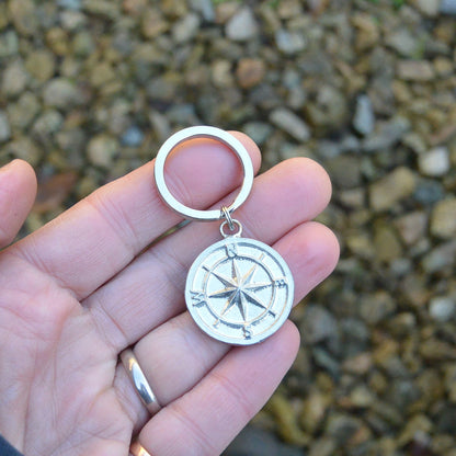 Compass Travel Keyring, Traveller Keychain, Handmade, by William Sturt, in Fine Pewter