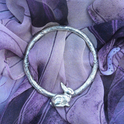 Rabbit Scarf Ring, Oak Twig Circle, Handcast Pewter, Polished Finish