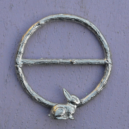 Rabbit Scarf Ring, Oak Twig Circle, Handcast Pewter, Polished Finish