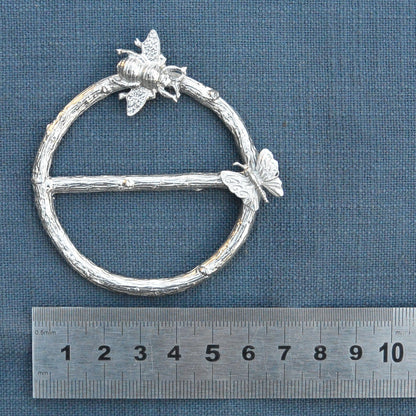 Butterfly Scarf Ring, Oak Twig Circle, Handcast Pewter, Polished Finish