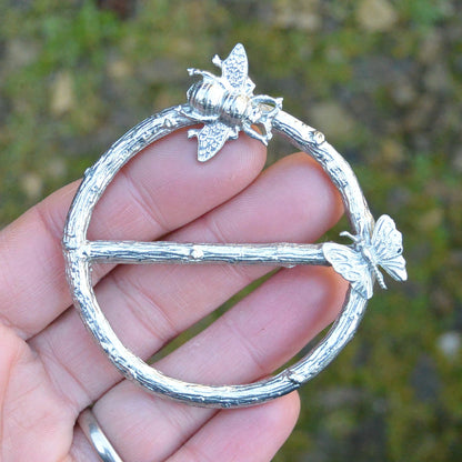 Bees and Butterfly Scarf Ring, Oak Twig Circle, Handcast Pewter, Polished Finish