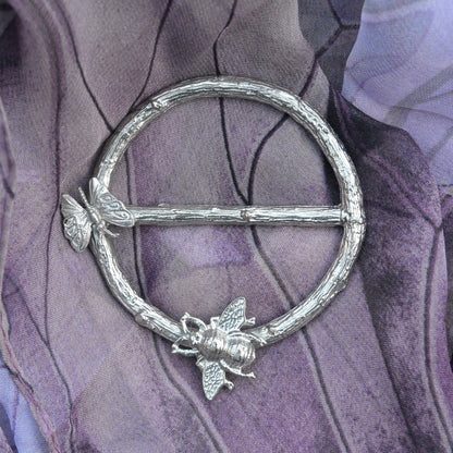 Bees and Butterfly Scarf Ring, Oak Twig Circle, Handcast Pewter, Polished Finish
