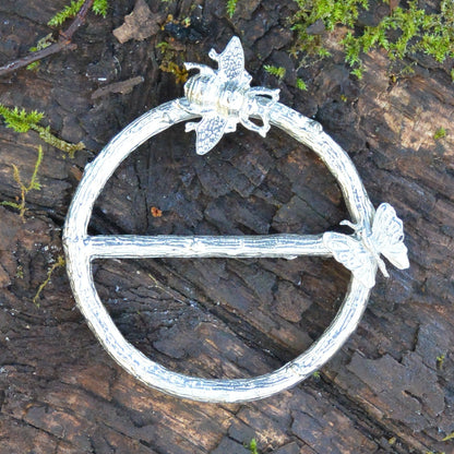 Bees and Butterfly Scarf Ring, Oak Twig Circle, Handcast Pewter, Polished Finish